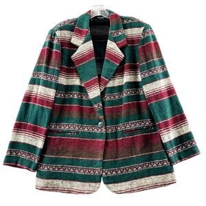 Chad Stevens Southwestern Blazer Womens L Green Red‎ Saddle Blanket Jacket Vtg